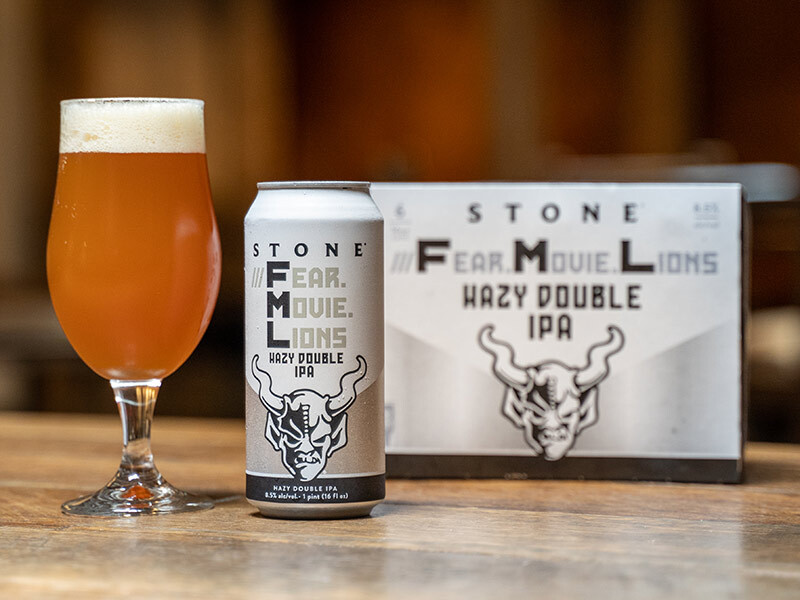 Stone ///Fear.Movie.Lions Hazy Double IPA can glass and six-pack