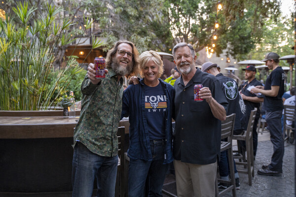 three people holding beer glasses