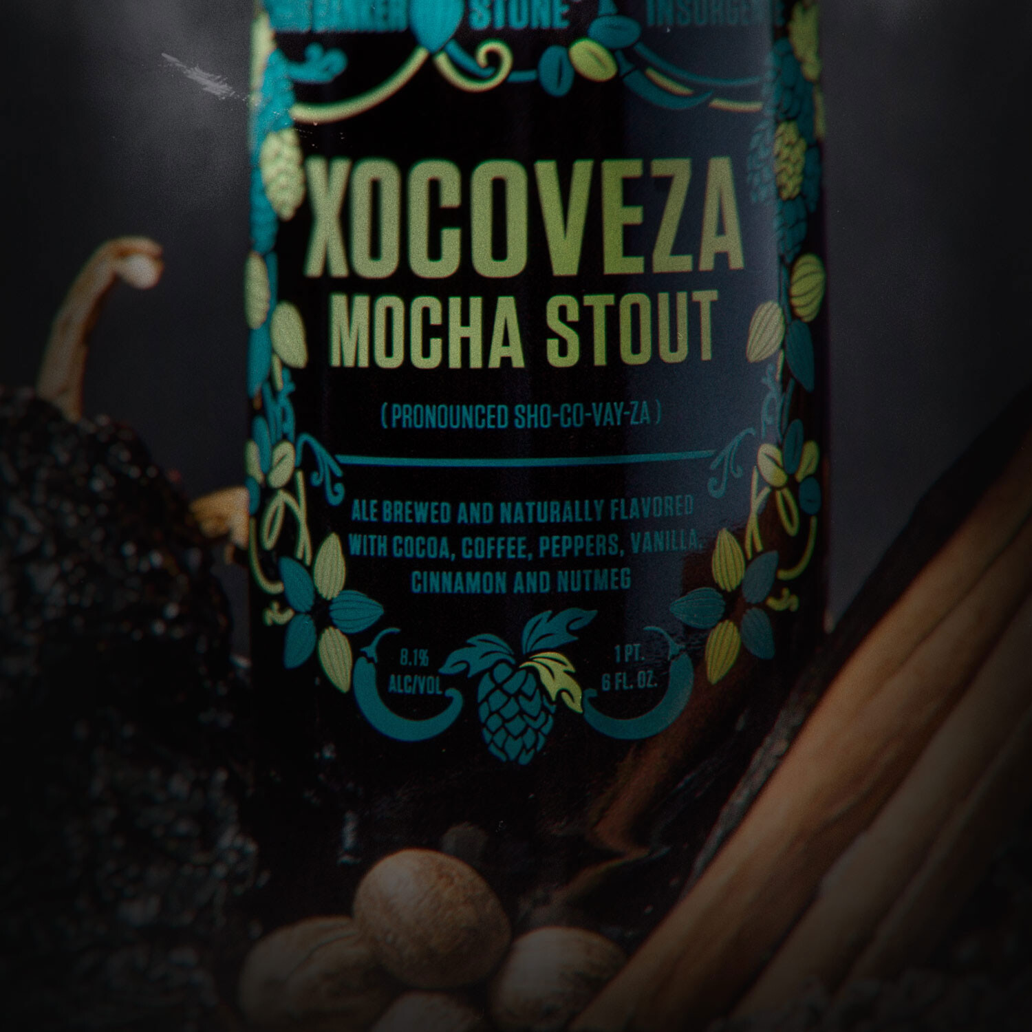 Chris Banker / Stone / Insurgente Xocoveza Mocha Stout bottle and ingredients