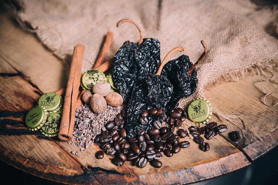 cinnamon sticks, coffee beans, dried fruit