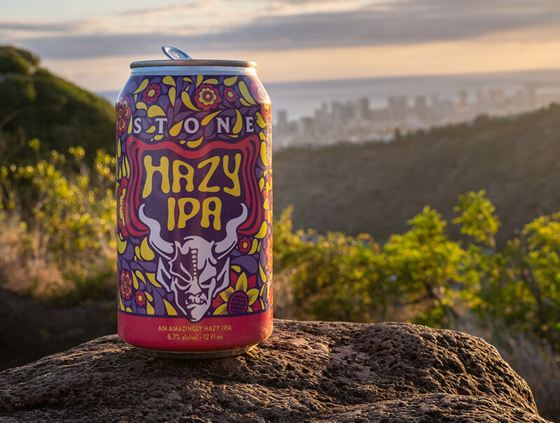 hazy ipa in front of beautiful tropical vista