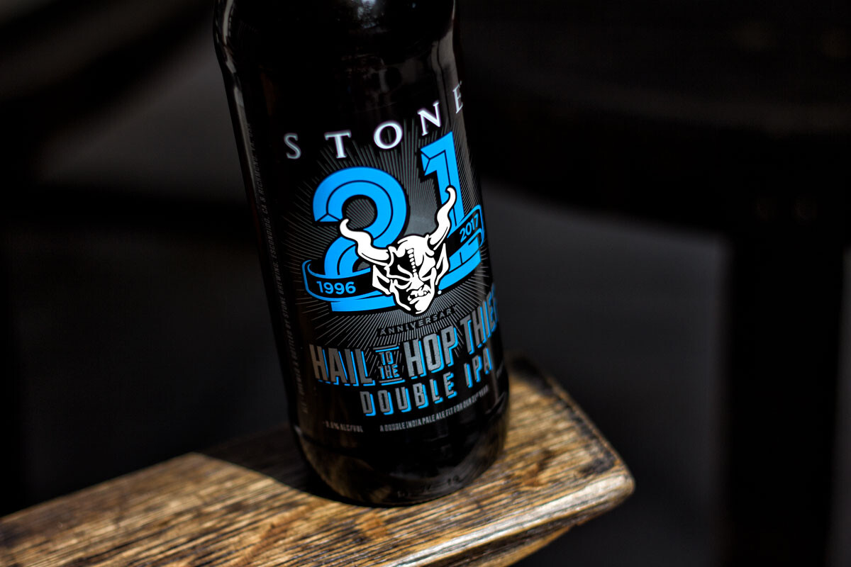 Stone 21st Anniversary Hail to the Hop Thief Double IPA on a ledge