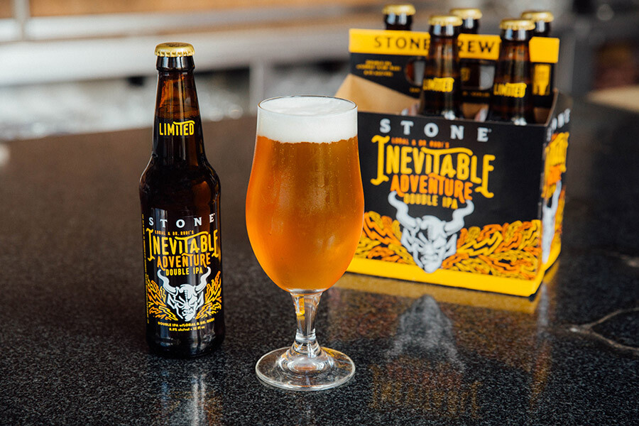 Stone Loral & Dr. Rudi's Inevitable Adventure Double IPA glass, bottle and six-pack