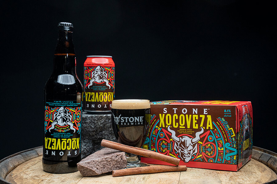 Stone Xocoveza bottle, can, six-pack and ingredients