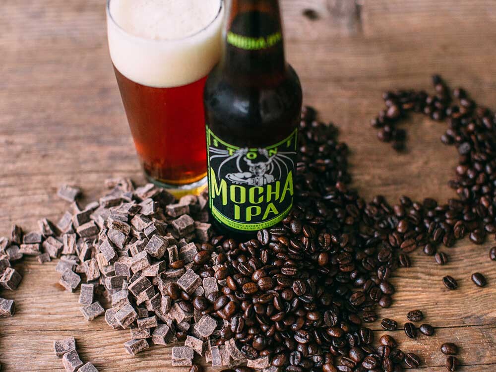 Stone Mocha IPA bottle, glass and coffee beans