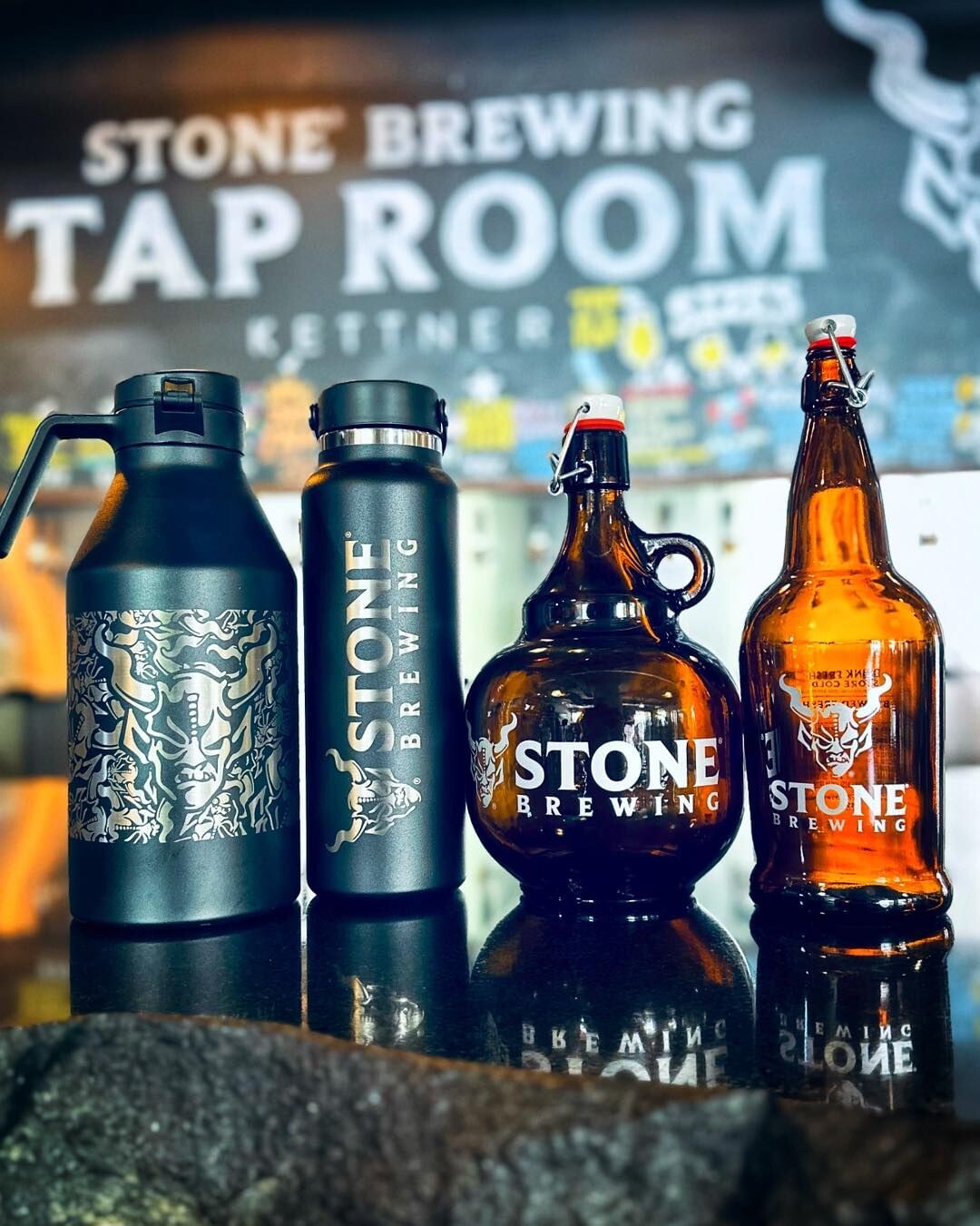 growlers on the bar at stone brewing tap room kettner in downtown little italy san diego
