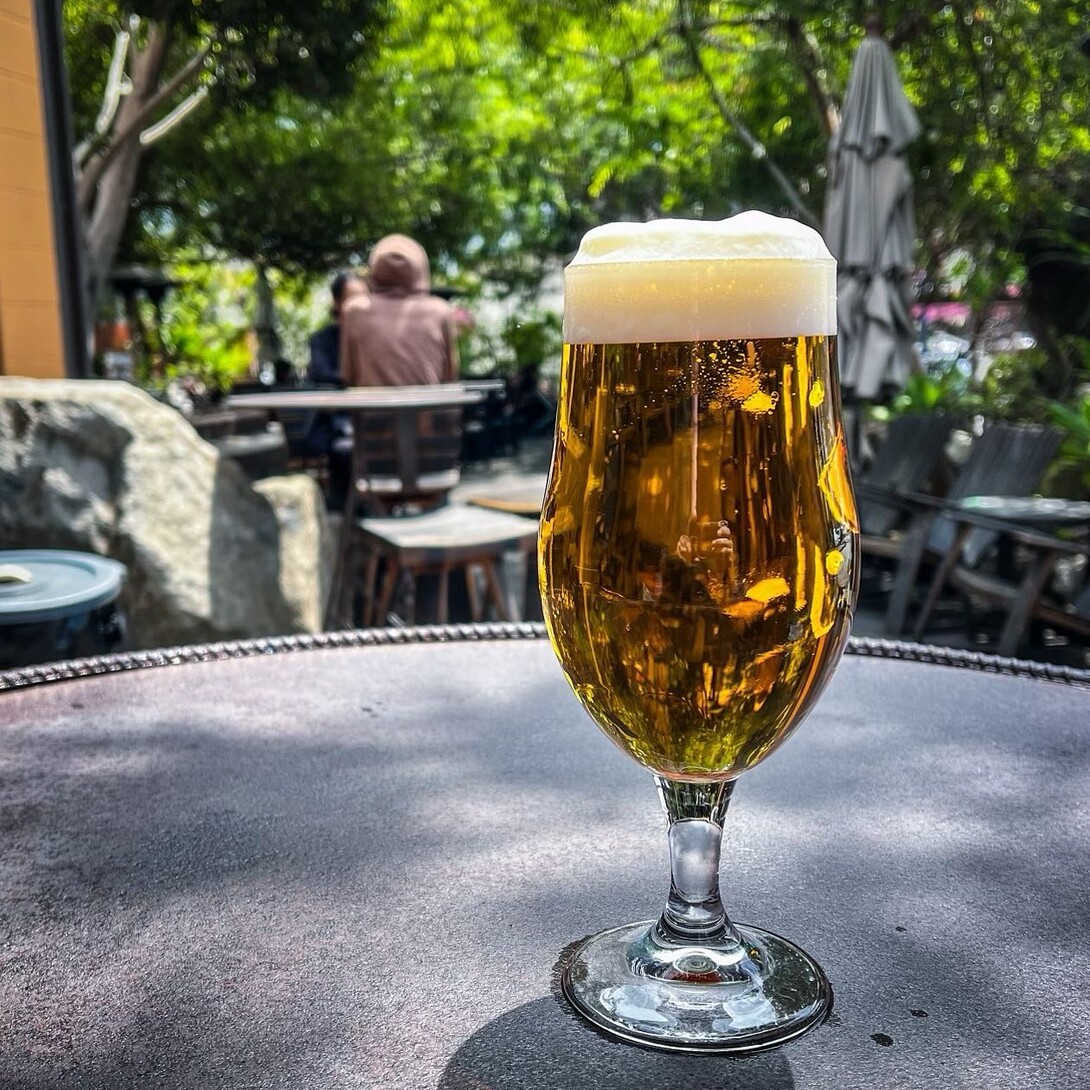 glass of beer on a stone table at stone brewing oceanside